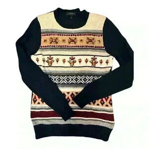 J Crew 100% Wool Jeweled Fair isle Navy Marion Sweater Embellished, size S